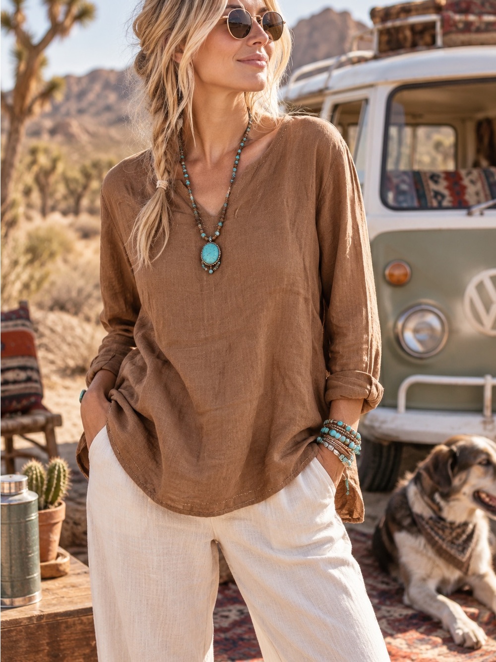 Relaxed V-Neck Linen Blouse in Brown